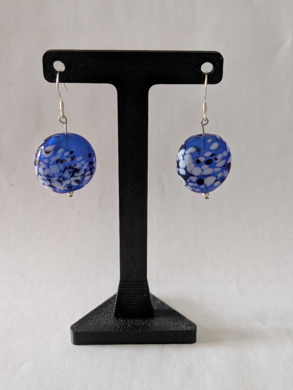 Handmade Blue Art Glass Earrings • Cobalt Blue Speckled Beads • 925 Sterling